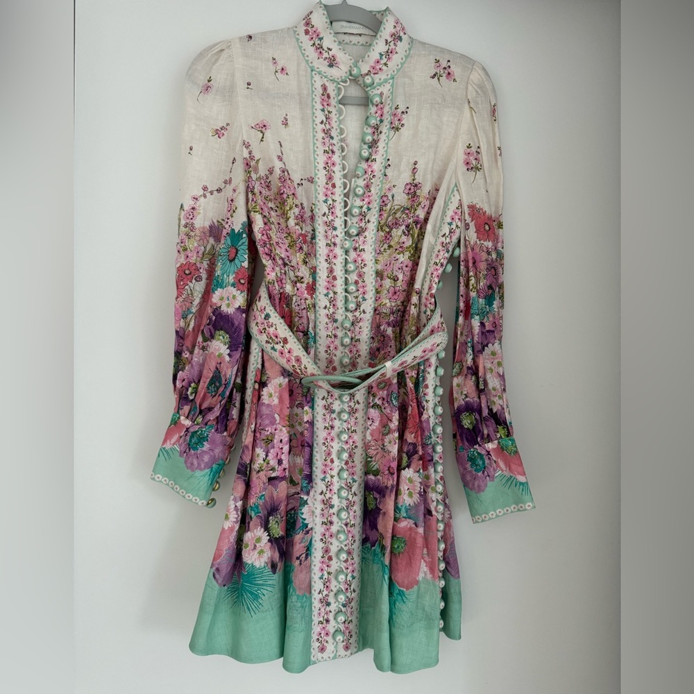 Zimmermann Cream and Pink Embellished Tie Front Sundress